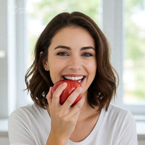 A patient eating an apple confidently with an implant.